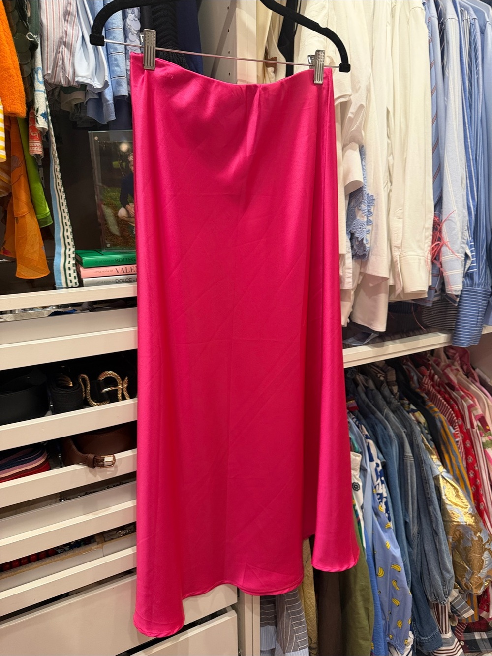 Women’s Hot Pink Satin Midi Skirt with elastic waistband